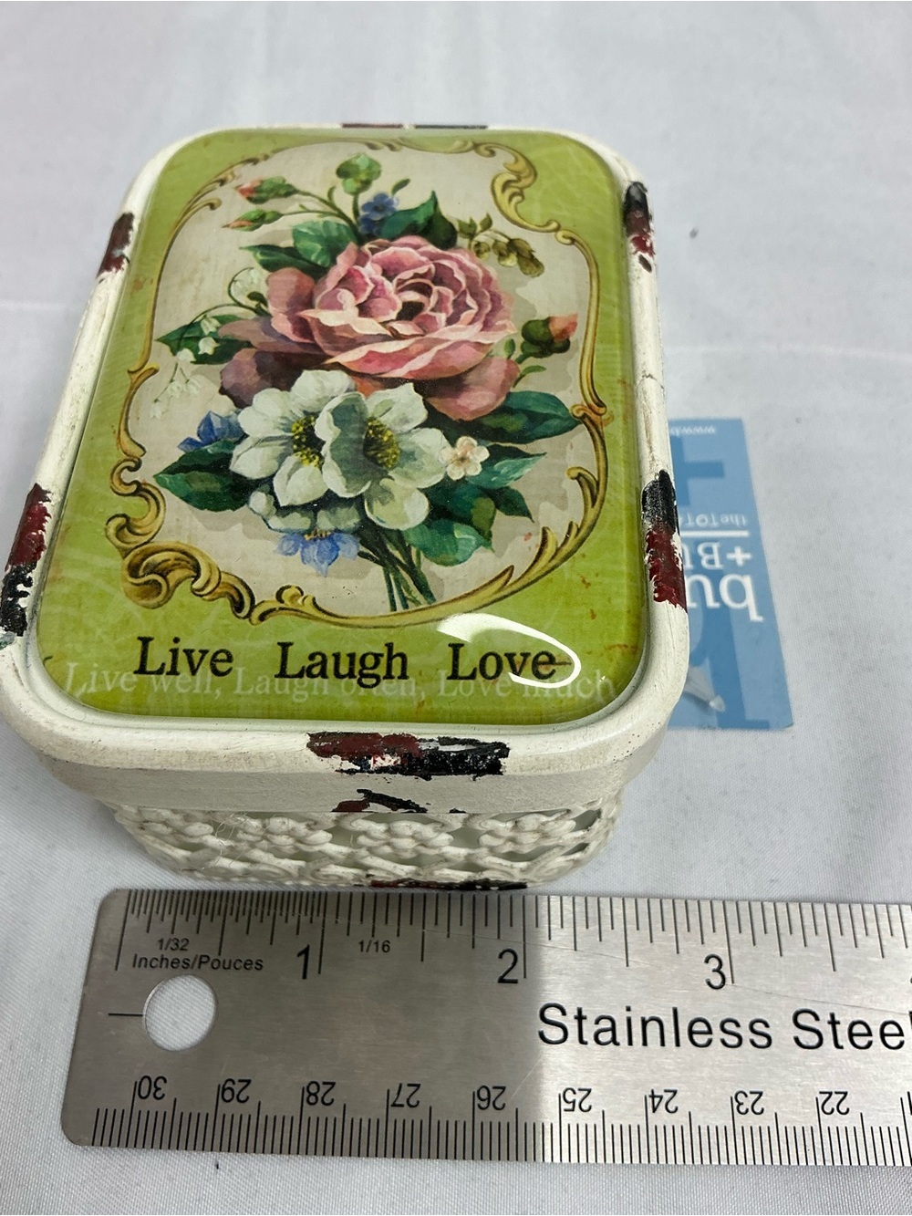 0007 - burton + BURTON White Floral Metal Trinket Box with Green Rose Lid - Picture 7 of 8